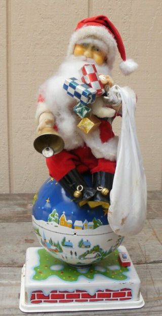 Vintage Battery - Operated Santa Claus On Rotating Globe Toy,  Made In Japan 60s