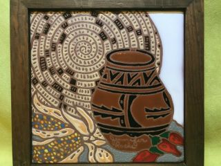 Vtg Jennifer Roche Native Hopi Handpainted Ceramic Tile Art Still Life Signed