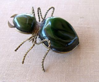 Vintage Russian 50 ' s BROOCH PIN Handmade Russian Green Scarab Beetle Insect 2