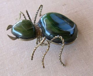 Vintage Russian 50 ' s BROOCH PIN Handmade Russian Green Scarab Beetle Insect 3