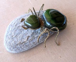 Vintage Russian 50 ' s BROOCH PIN Handmade Russian Green Scarab Beetle Insect 5