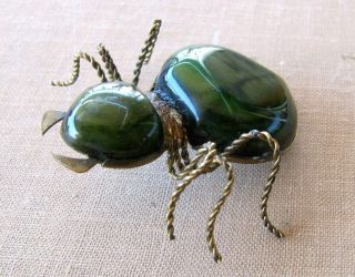 Vintage Russian 50 ' s BROOCH PIN Handmade Russian Green Scarab Beetle Insect 7