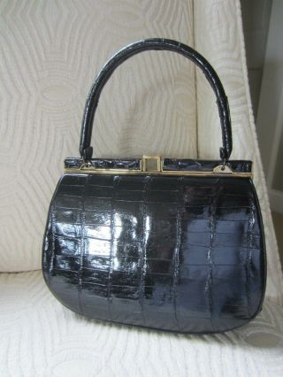 Auth Vintage Bellestone 1950’s Kelly Black Croc Satchel Handbag