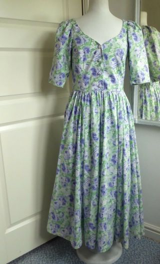 Vintage Laura Ashley Dress Cotton Rose Print Lilac Green Puff Sleeve Uk 8 - 10