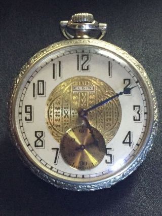1925 Vintage Open Face Elgin 17 Jewels Size 12s Pocket Watch 14kt Gf Ticks