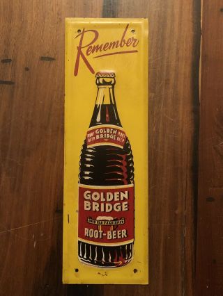 Antique Golden Bridge Root Beer Bottle Tin Metal Door Push Sign Soda Advertising