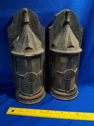 Pair Antique Gothic Cast Iron Glass Light Fixtures Providentiae Memor Crest Wwi