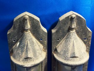 Pair Antique Gothic Cast Iron Glass Light Fixtures Providentiae Memor Crest WWI 2