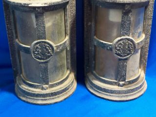 Pair Antique Gothic Cast Iron Glass Light Fixtures Providentiae Memor Crest WWI 3