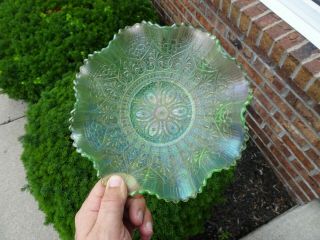 Antique Northwood Carnival Glass Hearts & Flowers 9 " Ice Green Ruffled Bowl