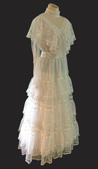 VINTAGE 70 ' S GUNNE SAX WHITE SHEER LACE,  RIBBON AND RUFFLES WED EDWARDIAN STYLE 3