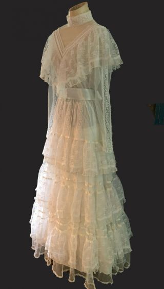 VINTAGE 70 ' S GUNNE SAX WHITE SHEER LACE,  RIBBON AND RUFFLES WED EDWARDIAN STYLE 5