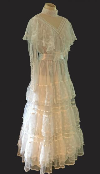 VINTAGE 70 ' S GUNNE SAX WHITE SHEER LACE,  RIBBON AND RUFFLES WED EDWARDIAN STYLE 8