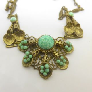 Vintage Art Deco Neiger Czech Necklace - Green Peking Glass Signed Necklace