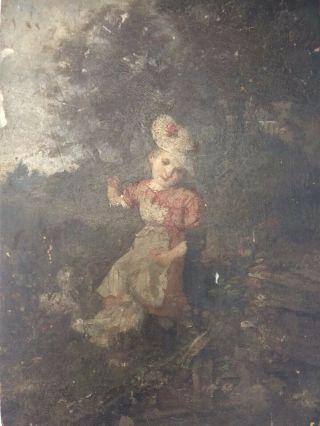 Vintage Painting On Wood Board Portait Of Girl Not Signed