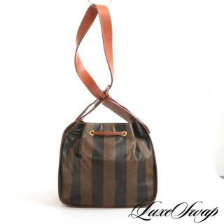 Vintage Fendi Made In Italy Coated Canvas Stripe Chestnut Leather Drawstring Bag
