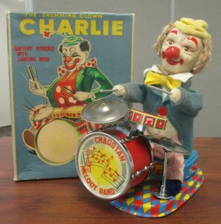 Vtg Cragstan Alps Battery Operated Charlie The Drumming Clown W/orig Box