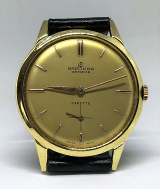 Vtg Breitling Geneve Cadette Golden Dial 18kts Gold Plated Case Circa 1950