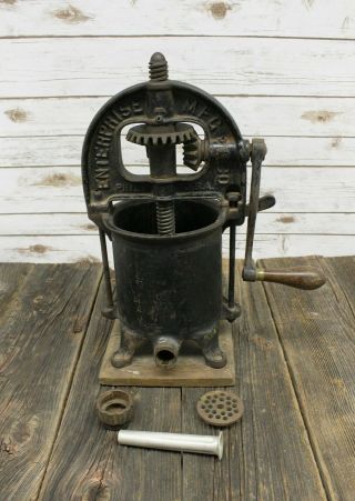 Antique Cast Iron Enterprise 8 Qt Fruit Lard Press & Sausage Stuffer Wood Base