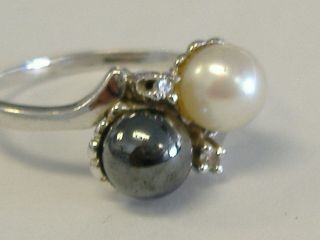Vintage 14 K White Gold Black And White Ring,  Size 8,  Natural Pearl & Diamonds