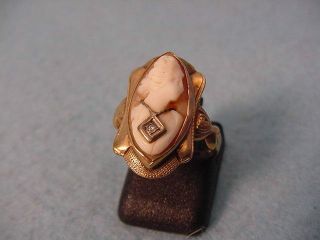 Vintage Victorian 10 Kt.  Yellow Gold Carved Shell Cameo Ring/ Diamond Chip
