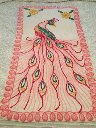 Vintage Chenille Pink Peacock Yellow Flowers Throw Rug 30”x 56”