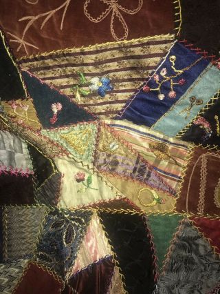 Large Antique Silk Crazy Quilt Top With Alot Of Embroidery