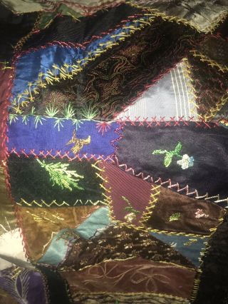 Large Antique Silk Crazy Quilt Top With Alot Of Embroidery 3