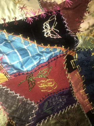 Large Antique Silk Crazy Quilt Top With Alot Of Embroidery 5