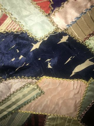Large Antique Silk Crazy Quilt Top With Alot Of Embroidery 6