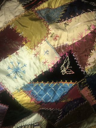 Large Antique Silk Crazy Quilt Top With Alot Of Embroidery 7