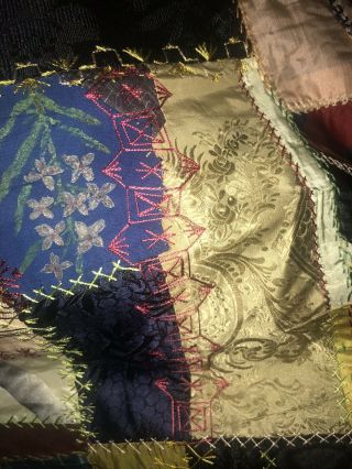 Large Antique Silk Crazy Quilt Top With Alot Of Embroidery 8