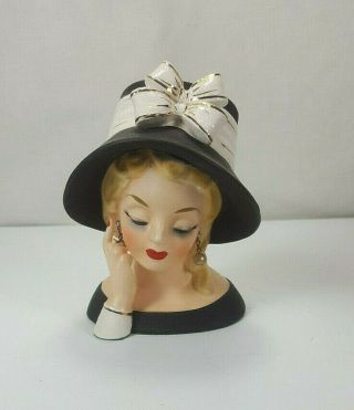 Rare Vintage Stafford 6 " Lady Head Vase 4151 Bow Hat Hand Up Blonde Hair Tendril