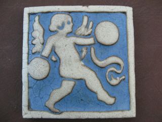 Vintage Grueby Arts & Crafts Faience 6x6 Tile Cupid Playing Cymbals 664