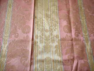 Vintage French Satin Floral Stripe Damask Fabric Blushy Salmon Rose Pink Gold