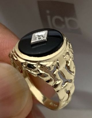 Vintage 10k Yellow Gold Black Onyx & Diamond Nugget Ladies Ring Sz 6 3.  7g