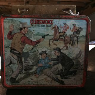 Vintage Rare " Gunsmoke " Metal Lunch Box Wooden Handle Collectible Western