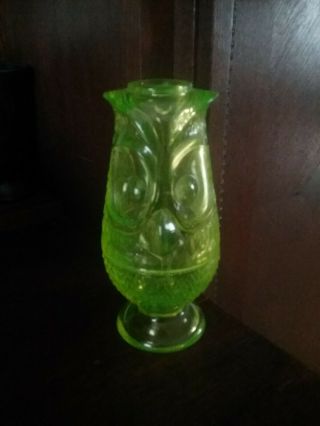 Rare Viking Vaseline Glass Owl Fairy Lamp,  Vintage Uranium Glass,  Tiki Owl