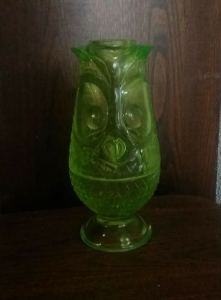 RARE Viking Vaseline Glass Owl Fairy Lamp,  Vintage Uranium Glass,  Tiki Owl 5