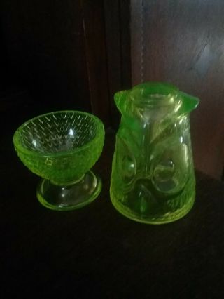 RARE Viking Vaseline Glass Owl Fairy Lamp,  Vintage Uranium Glass,  Tiki Owl 6