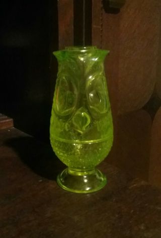 RARE Viking Vaseline Glass Owl Fairy Lamp,  Vintage Uranium Glass,  Tiki Owl 7