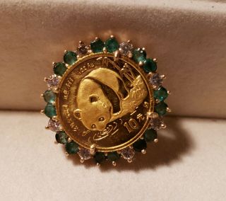 1987 Chinese Panda Coin 14k Brooch Set In Diamonds Emeralds Rare Find