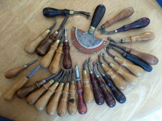 Vintage Wood Handled Leather Tools 28 Pc