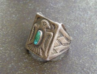 Navajo ? Antique Native American Indian Turquoise Sterling Ring With Thunderbird