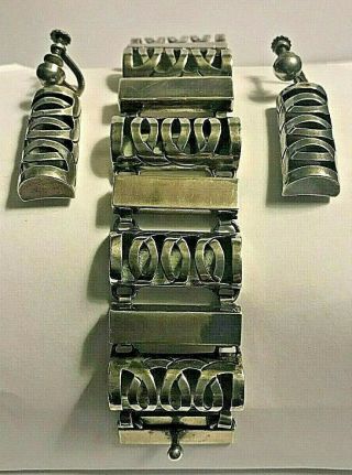 Vintage Sterling Silver Signed Taxco Mexico Modernist Bracelet & Earrings