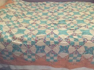 Vintage Cotton Fabric Quilt Top 10 " Blocks - Stars - Orange Edges - 94 " X 82 "