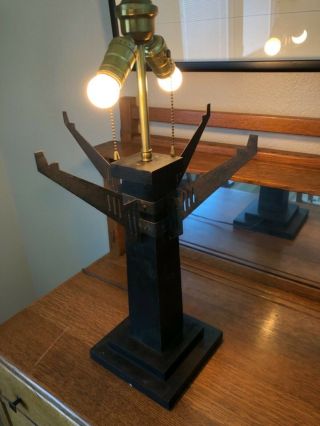 Arts & Crafts Oak Ebony Stained Glass Lamp