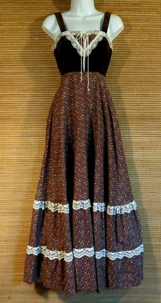 Gunne Sax Maxi Dress Prairie Boho Sleeveless Velveteen Cotton & Lace Trim 7