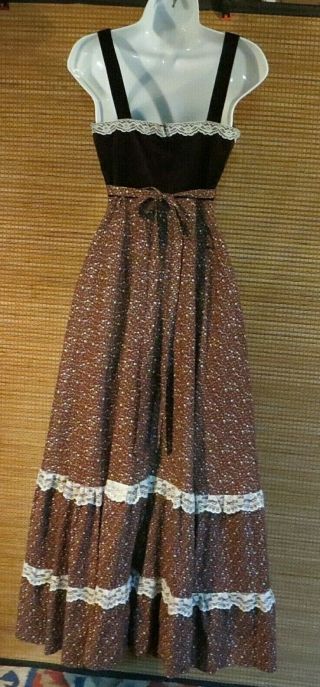 Gunne Sax Maxi Dress Prairie Boho Sleeveless Velveteen Cotton & Lace Trim 7 5
