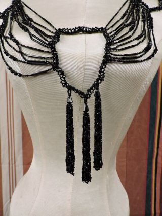Antique Victorian 19th C Black Jet Bead Necklace Dress Trim W Tassels